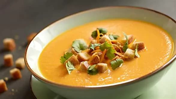 Krem z marchwi, pomarańczy i imbiru z grzankami